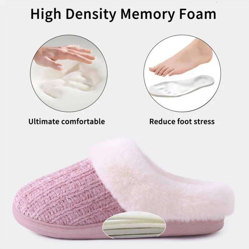Kidmi Women Fleece Lined Warm House Cotton Slippers Non-slip Cozy Fluffy Plush Knit Slides Casual Memory Foam Bedroom Flat Shoes