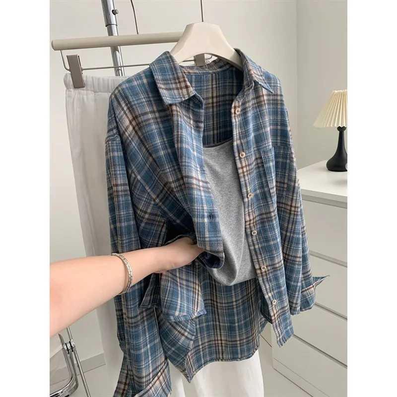 Retro American Blue Plaid Shirt Loose Casual Style for Men and Women Spring Autumn Trendy Brand Versatile Outerwear M260305