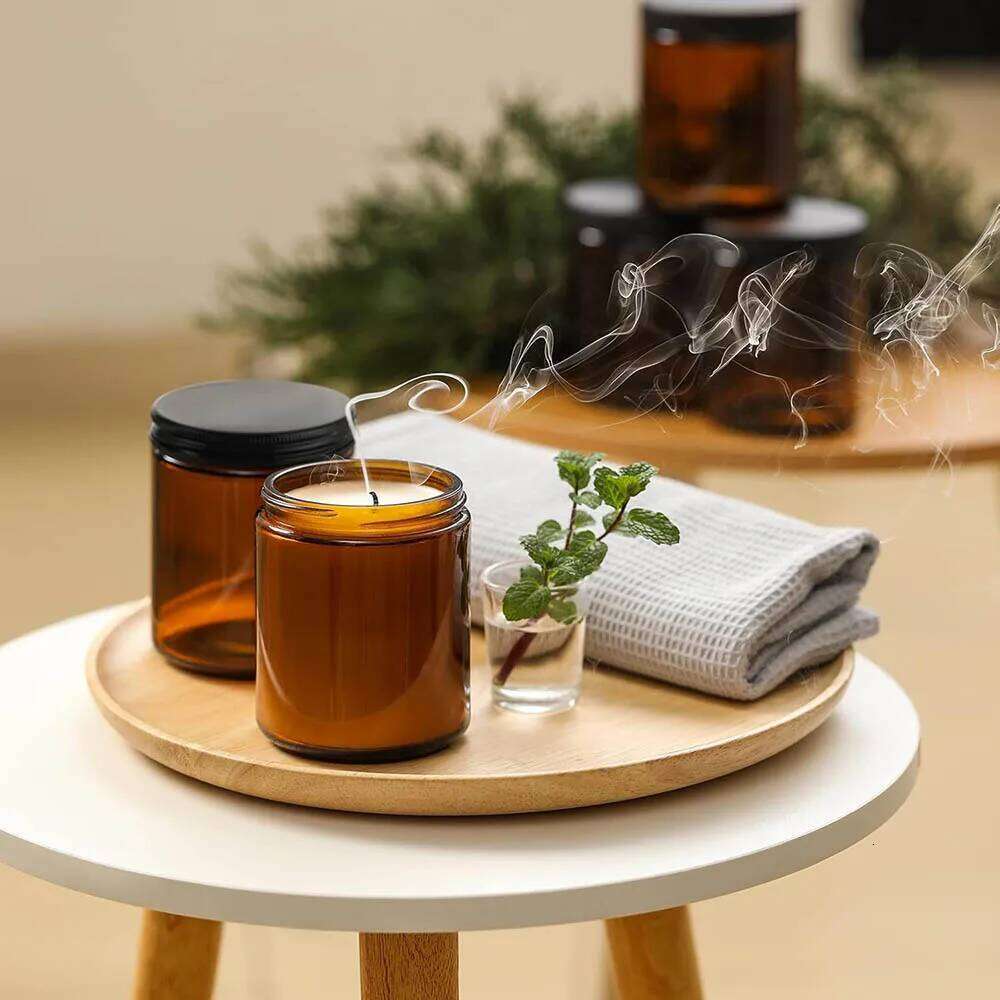 8oz Amber Glass Jars with Black Lids - For Candle Making, Food Storage, Canning, Spices, Liquids W260304 W260305