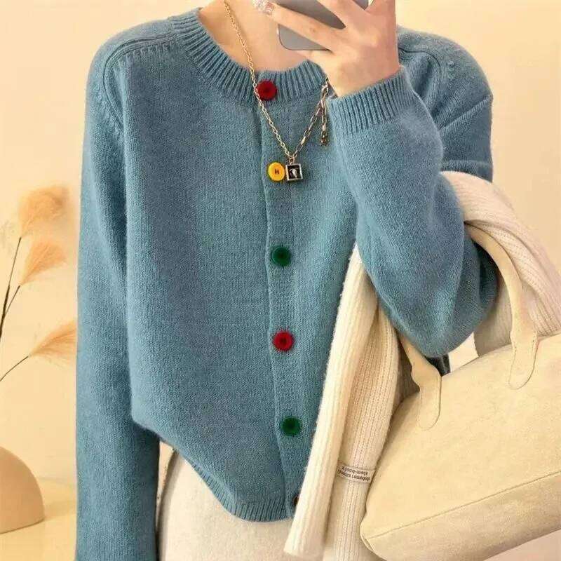 Japanese Sweet and Fresh Round Neck Colorful Button Knitwear Coat Academy Style Western Versatile Sweater Women's Cardigans XJ260305
