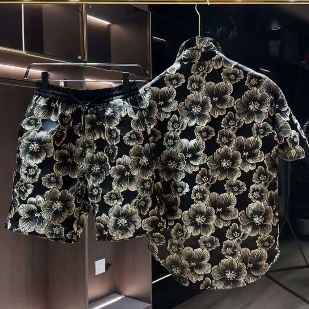 Men's Ethnic Embossed Gold Floral Short Sleeve Shirt & Shorts 2 Piece Set Summer Casual Ethnic Style Embossed Gold Flower Short Sleeve Shirt And 