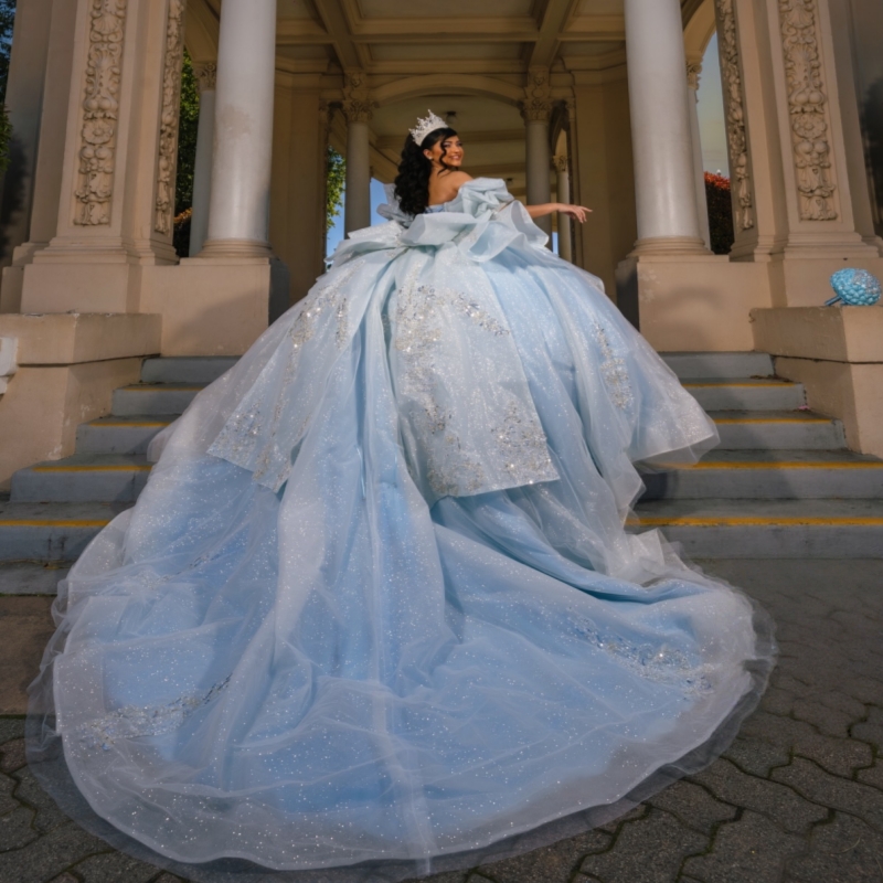 Light Blue Shiny Quinceanera Dresses Ball Gown Off The Shoulder Sequin Applique Lace Beading Crystal Bow Corset Party Birthday Sweet 16 Dress Vestidos