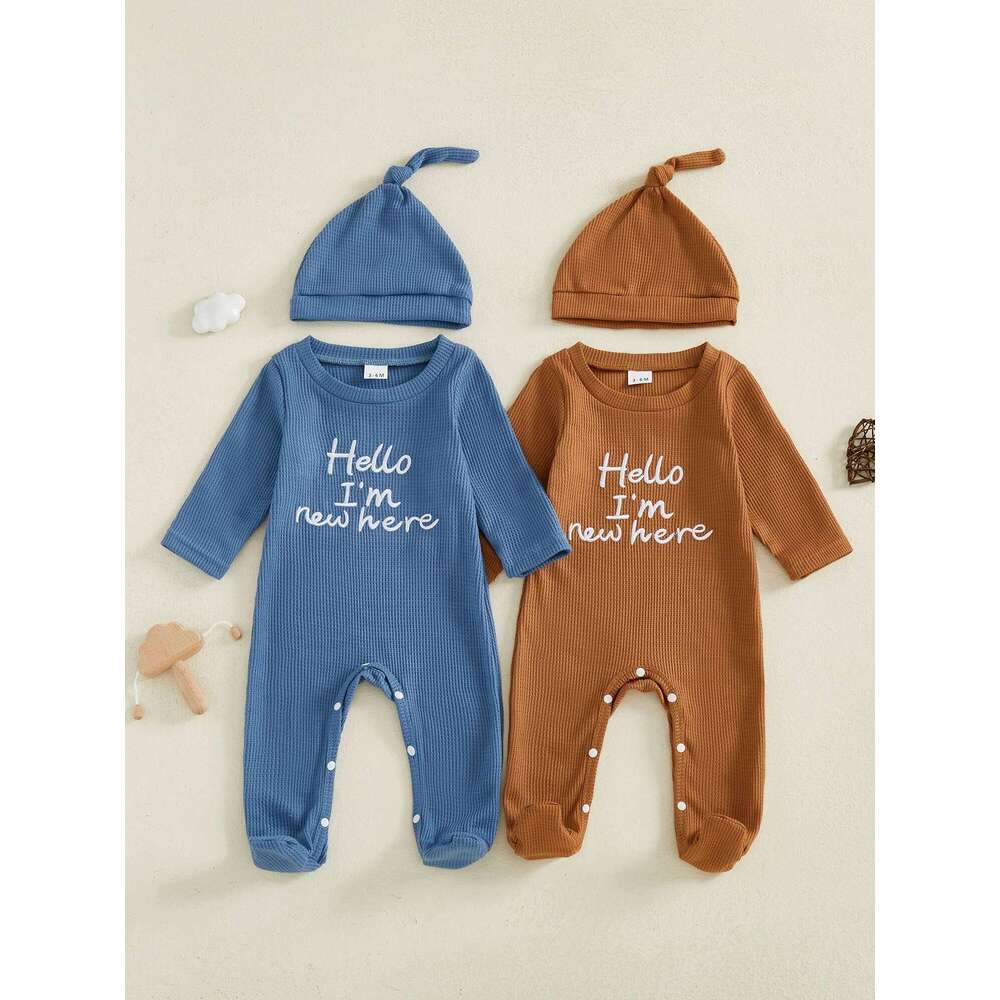 Infant Boys 2-Piece Outfit Cozy Long Sleeve Footie Romper with Crew Neck and Embroidered Letters Matching Hat Included Z260304