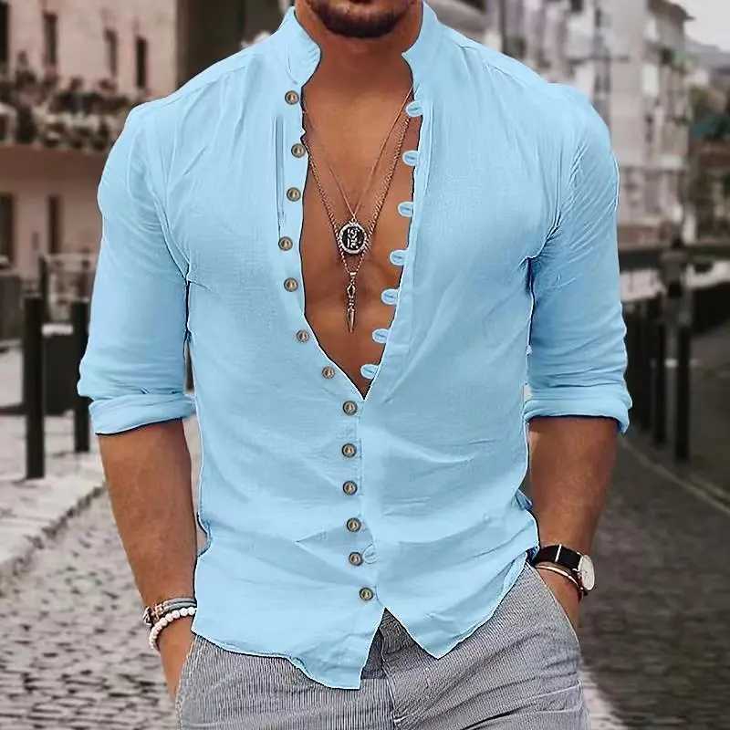 2024 Mens new leisure fashion multi-button solid color cotton hemp street long sleeve cardigan M260305