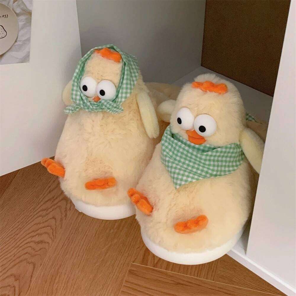 Women Indoor Fluffy Slippers Cute Cartoon Chicken Winter House Shoes Warm Plush Anti-slip Female Home Floor Cotton Slides