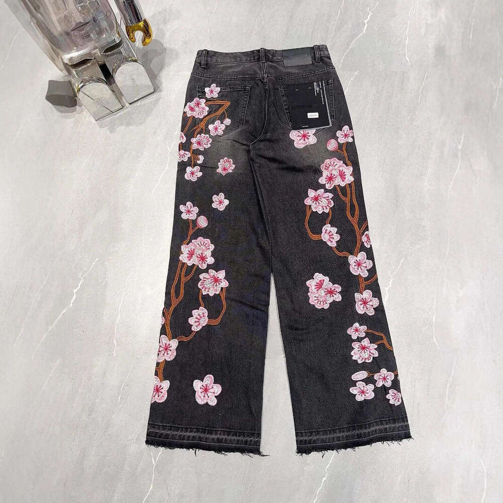 Mardi Hefxessdr Hip Hop Gothic plum Blossom Embroidery Baggy Jeans Retro Y2k Men Clothing Street Wide Leg Black Denim Trousers Chinese style jeans wom