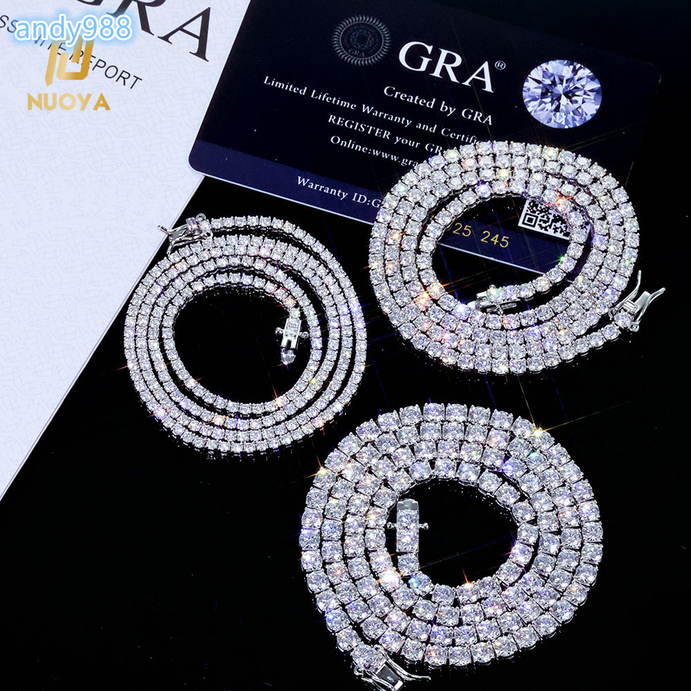 2026NUOYA Hip Hop Jewelry 925 Silver VVS Moissanite Tennis Chain Necklace 2/3/4 MM Iced Out Diamond Tennis Chain Pass Diamond Test