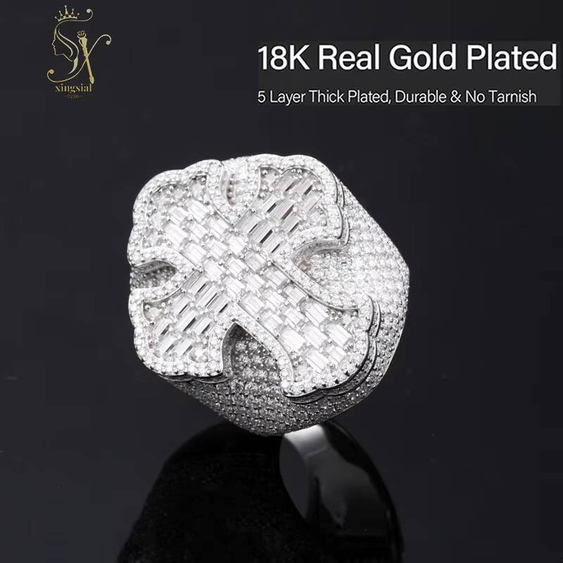 Xingsial Luxury Pass Diamond Tester VVS D Color Moissanite Iced Out Hip Hop Cross Ring 925 Sterling Silver Diamond Cluster Ring