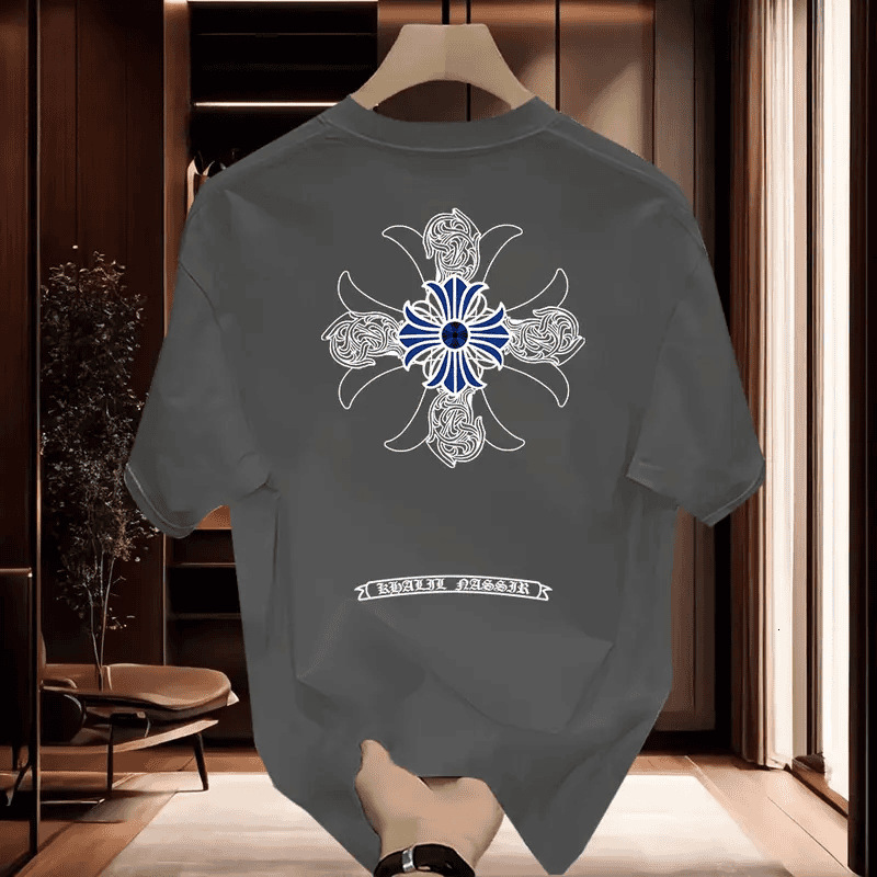 Mens T-Shirt Ornate Blue Cross Print Loose Heavy Cotton Short Sleeve Summer Designer Clothes
