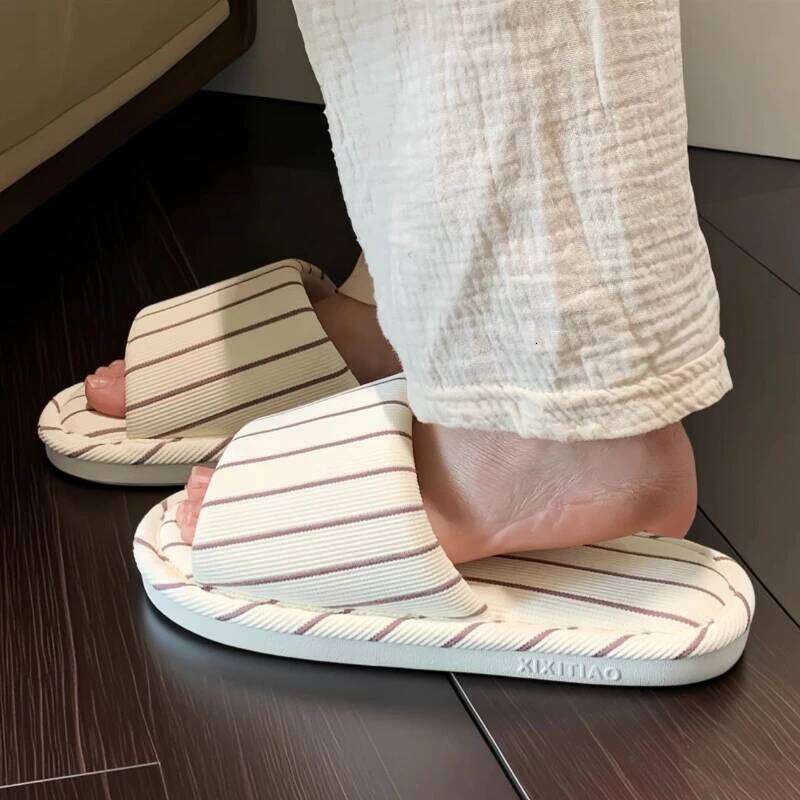 Korean Brief Cotton Linen Slippers For Women Men Shoes Anti-slip Striped Style Couples Home House Floor Slides