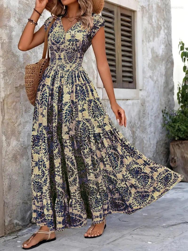 Casual Dresses 2026 Vintage Printed Dress Fashionable And Elegant V-neck Short Sleeved Jumpsuit Long Skirt Womens Clothing