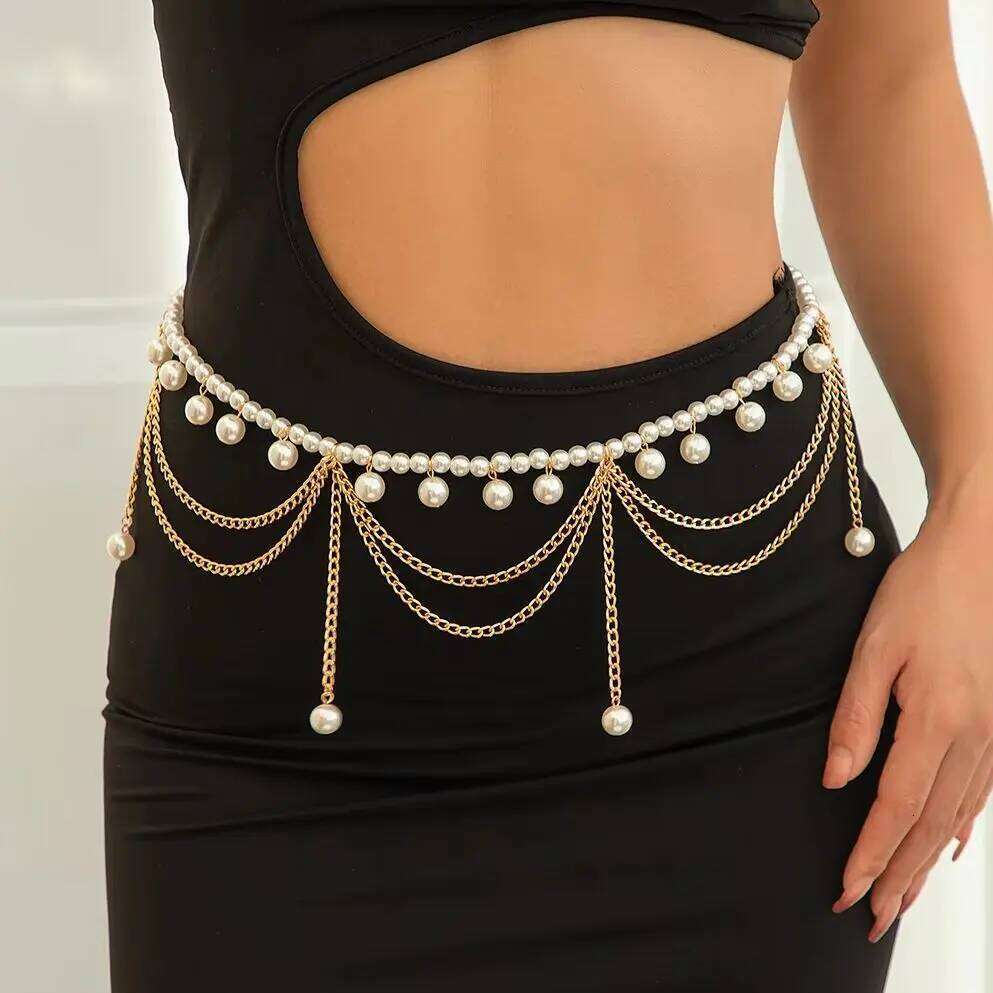 Ingemark Vintage Multiayer Imitation Pearl Waist Chain for Women Boho Tassel Belly Belt Sexy Body Jewelry Dress Accessories Gift S260304
