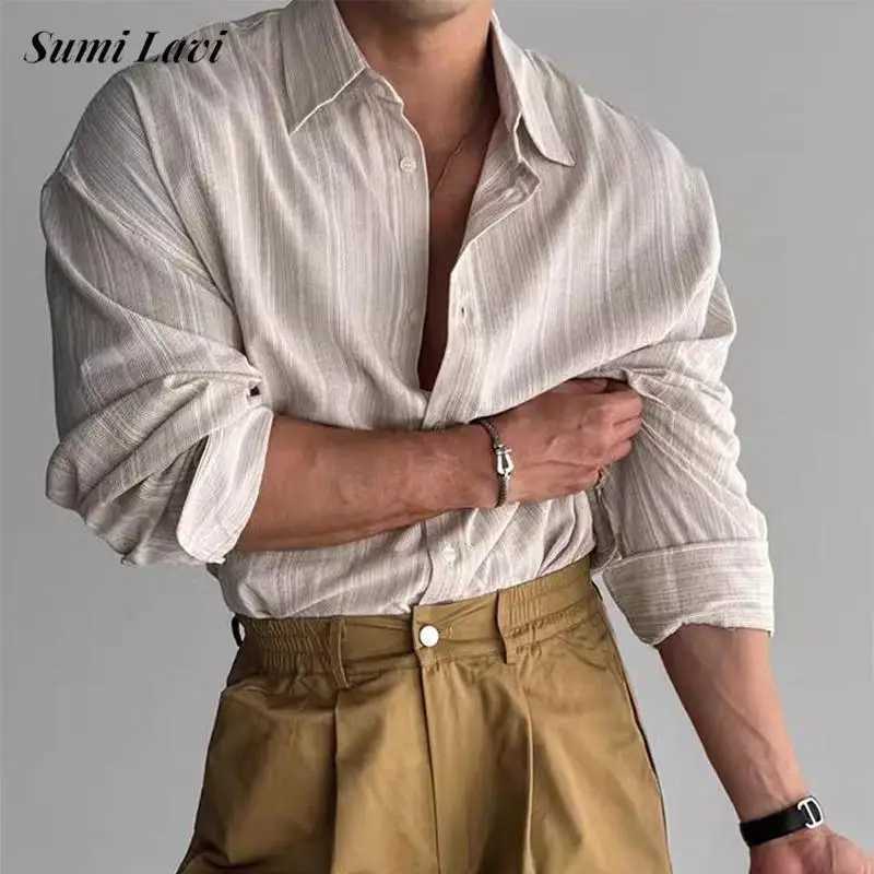 Vintage Mens Striped Printed Shirt Long Sleeve Turn-down Collar Buttoned Shirts Autumn New Casual Slim Fit Men Cardigan Shirts g52 M260305