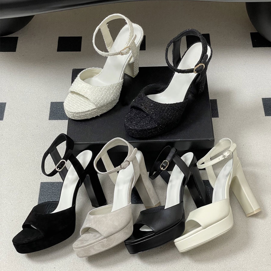 new Fashion letter button Suede Platform heels Sandals ankle strap Chunky block heel Dress Shoes womens Luxury designer shoes party Evening shoes Black white