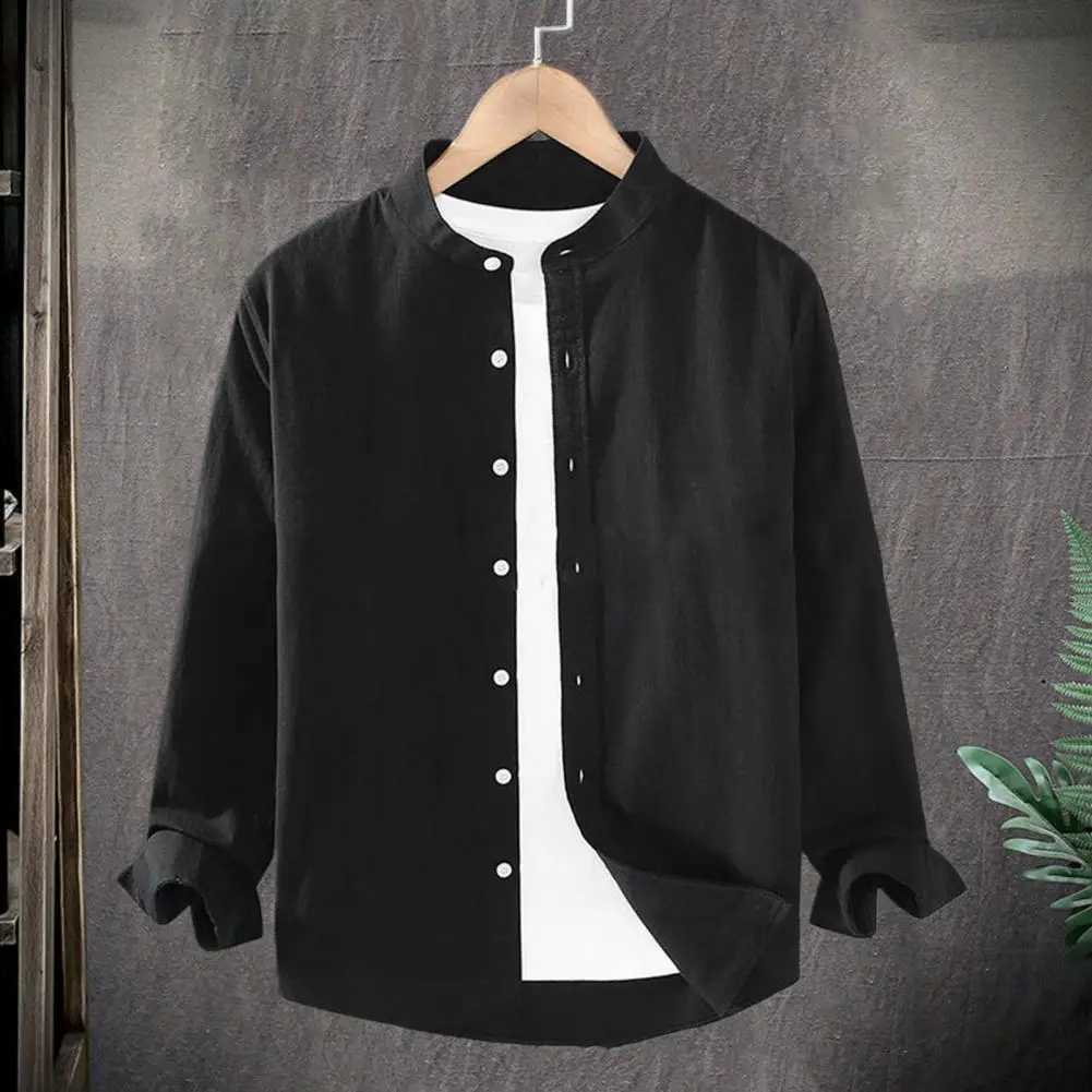 Flax Men Spring And Summer Stand Collar Long Sleeve Fashionable Mens Shirt Cotton Linen Shirt for Men Vintage Vacation Shirts M260305