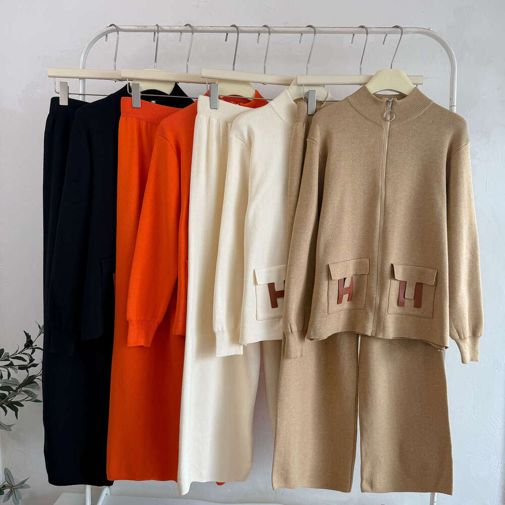 Women's Fashionable Knitted Zipper Cardigan Wide Leg Pants Pocket Two Piece Set Cross-Border New Style Versatile Ensemble Asia Size