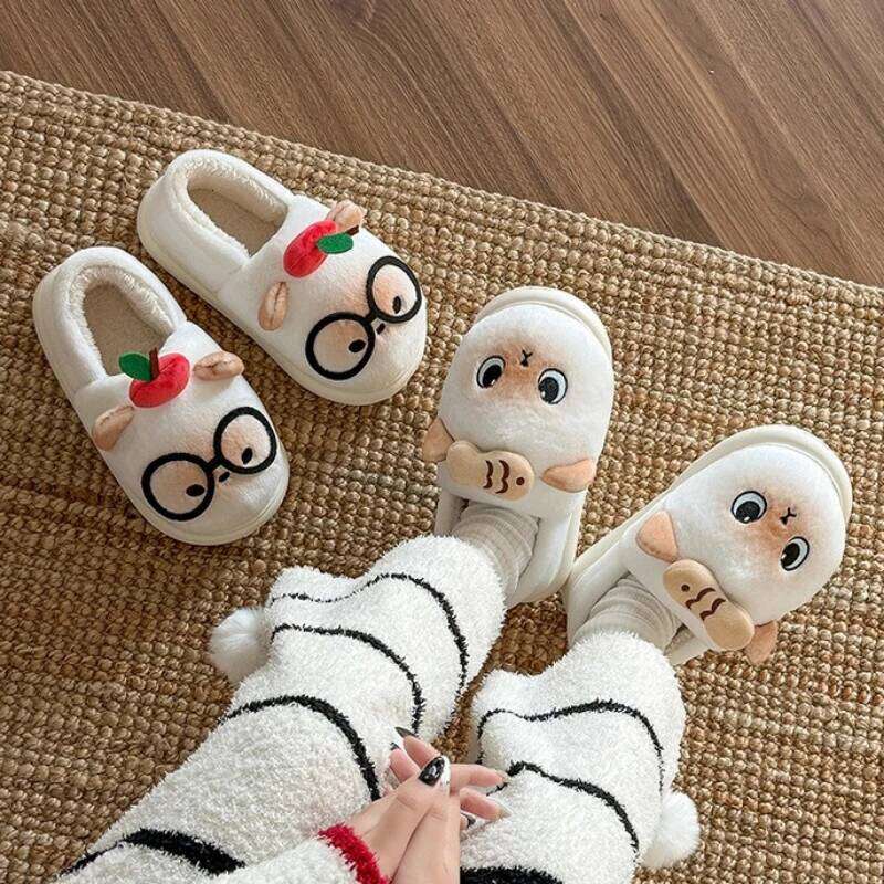 New Women Indoor Cute Cartoon Cat Winter Warm House Shoes Soft Plush Thick Sole Girls Home Floor Cotton Shoe
