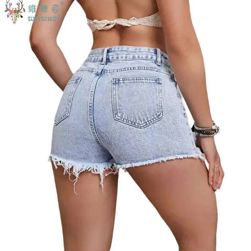 Y2K Women's Casual Fashion Slim Blue Ripped JEANS Holes Summer Quality High Waist Pants Pocket Tassel Denim Shorts XJ260305