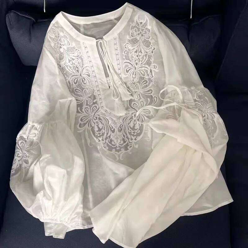 Mardi Hefxessdr Fashion Designer Blouses Spring Tops Women Lurex Embroidery Long Sleeve Casual Loose White Cotton Blouse Chinese style shirt women