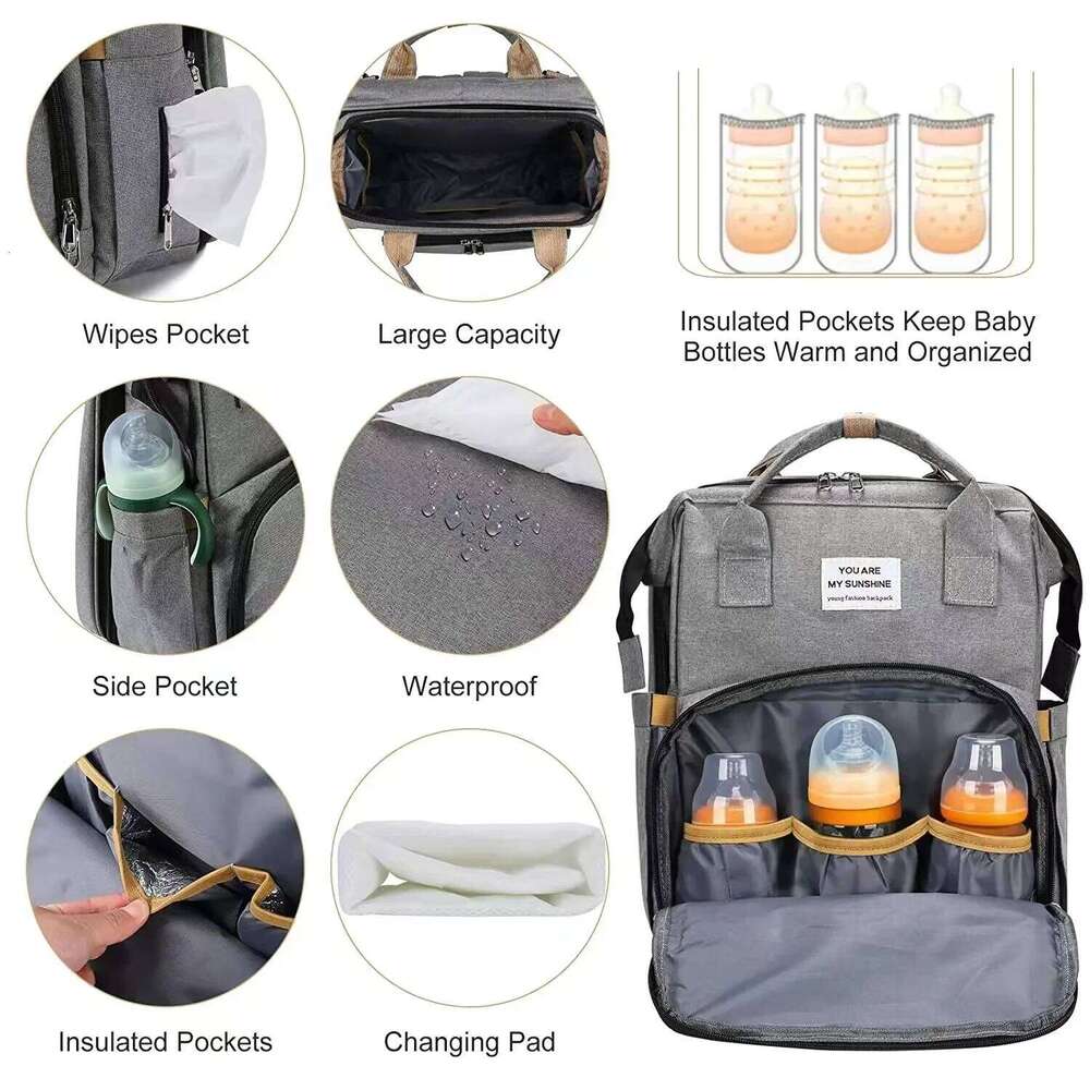 Foldable bed diaper with changing station insulated pocket and large capacity Multifunctional Double shoulder mommy bag Z260304