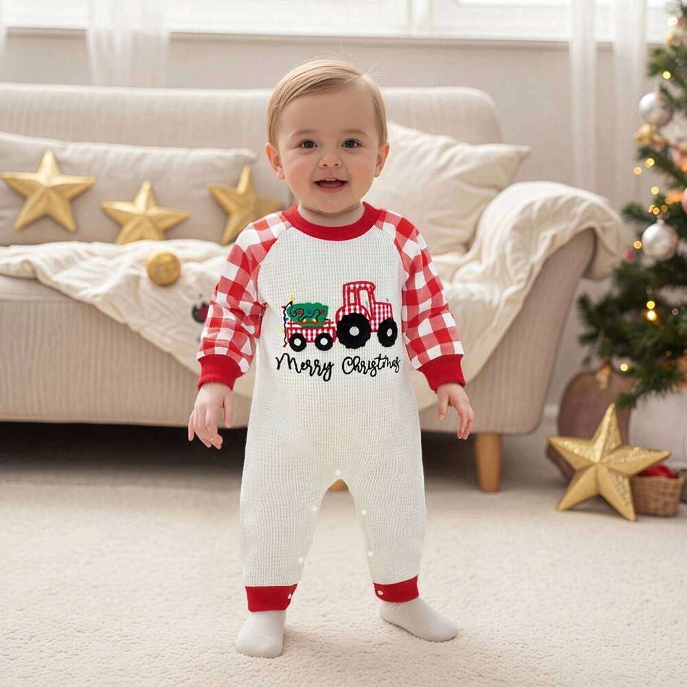 Baby Boys Romper Fashionable Christmas Tree and Letters Embroidery Plaid Long Sleeve Jumpsuit Z260304