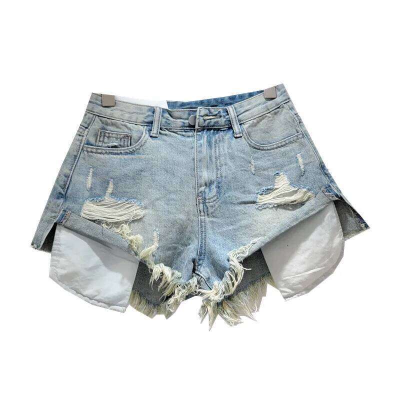 2026 Summer New Light Color Perforated Design Denim Shorts Women's Wide Legs Slim Fashion Ragged Edge A-line Ropa Mujer XJ260305