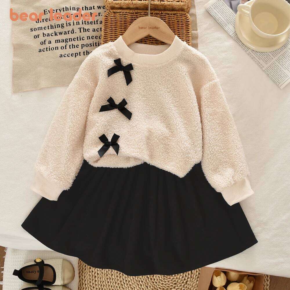 Bear Leader Autumn Winter Korean Version Beige Girls' Set Casual Kids Clothes Bow Fleece Long Sleeved Top + Black Short Skirt Z260304