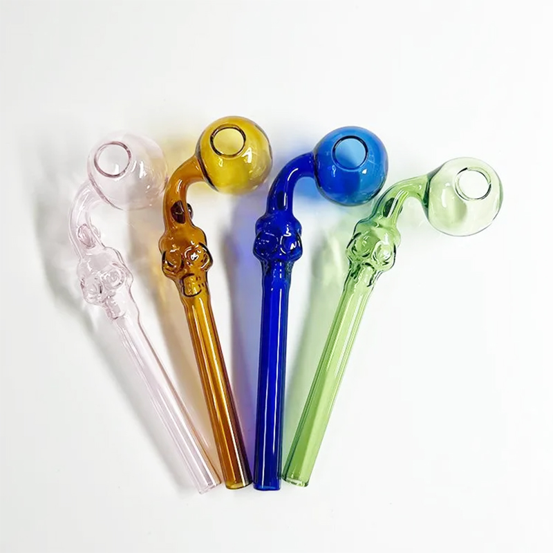 Skull Shape Glass Oil Burner Pipe Bent Curved Smoking Hand Pipe Oil Lamp Borosilicate Glass