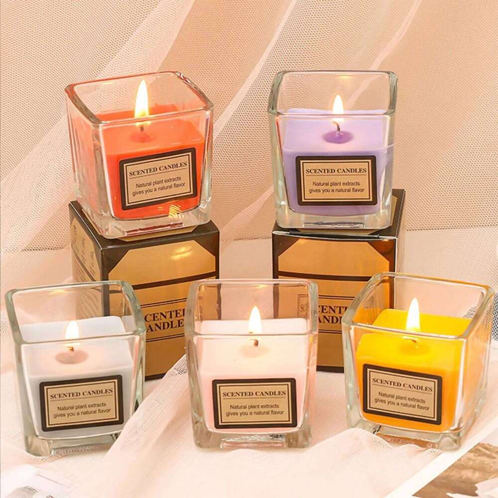 Colorful Smokeless Square Cup Glass Candle 1pc Niche Aromatherapy Romantic Ins Minimalist Home Decor Gift for Birthday W260304 W260305