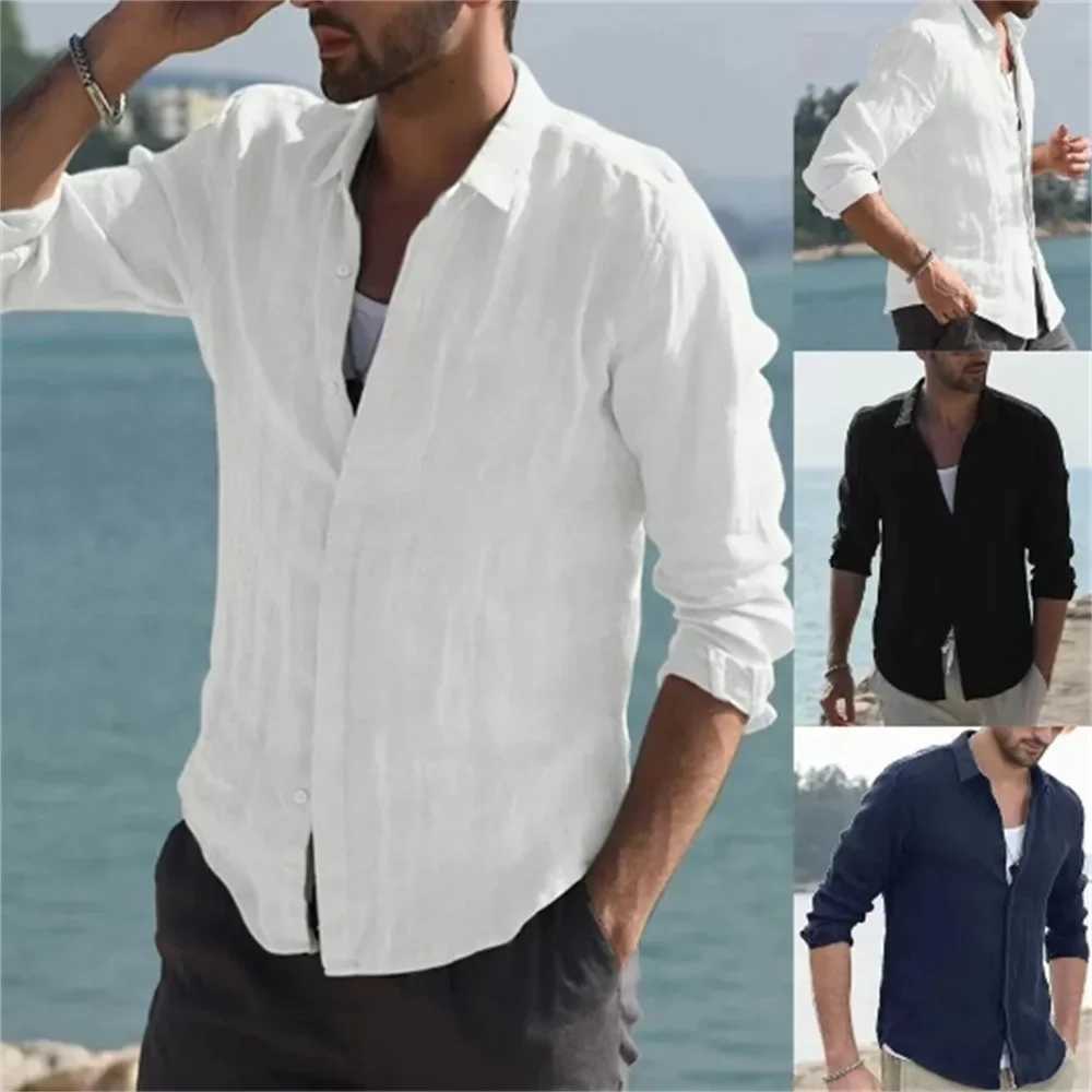 Summer Mens Solid Fashion Versatile Shirt Beach Cotton Linen Shirts Men Long Sleeved Cardigan Tops Turn Down Collar Slim Fit M260305