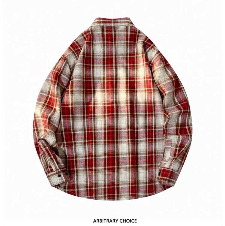 Spring Mens Red Plaid Shirt Blue Single-Button Collar Long-Sleeve Shirts New 2026 Arrival M260305