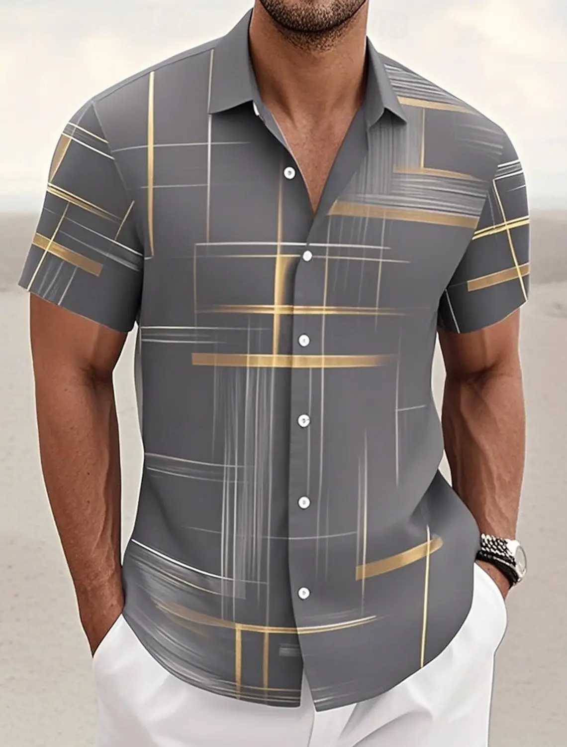 Summer Mens Geometric Grid Plaid Shirts Short SleeveTurndown Hawaiian Shirt Button Up Shirts No Pockets Shirts M260305