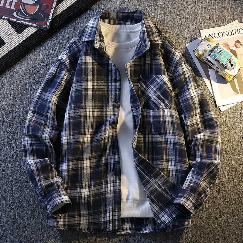 Mens Plaid Shirt Jacket Casual Long-sleeved Streetwear Young Adults Korean Fashion High Street Outwear Spring Man Clothing Top M260305