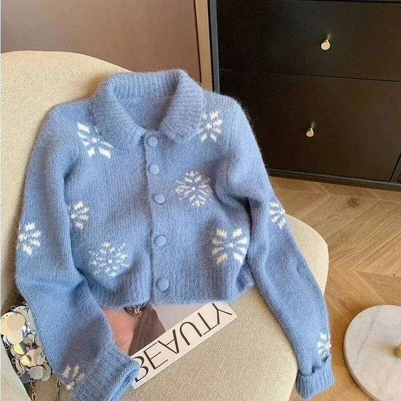 Korean Style Sweet Blue Crocheted Peter Pan Collar Cropped Sweater Cardigan Women's Autumn 2024 New Long-sleeved Top XJ260305