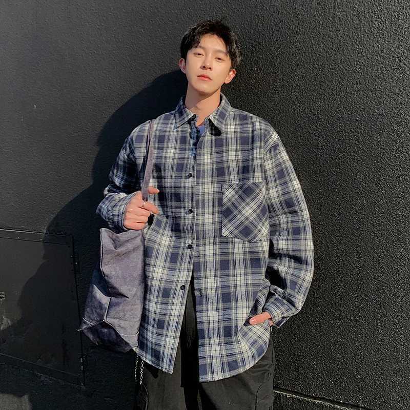 2026 Streetwear Men Plaid Long Sleeve Shirt Spring Autumn Fashion Versatile Outerwear Coat Male American Retro Lapel Shirts Man M260305