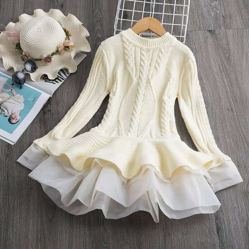 Winter Knitted Chiffon Dress Girl Christmas Party Long Sleeve Children Clothes Kids Dresses For Girls New Clothing Z260304