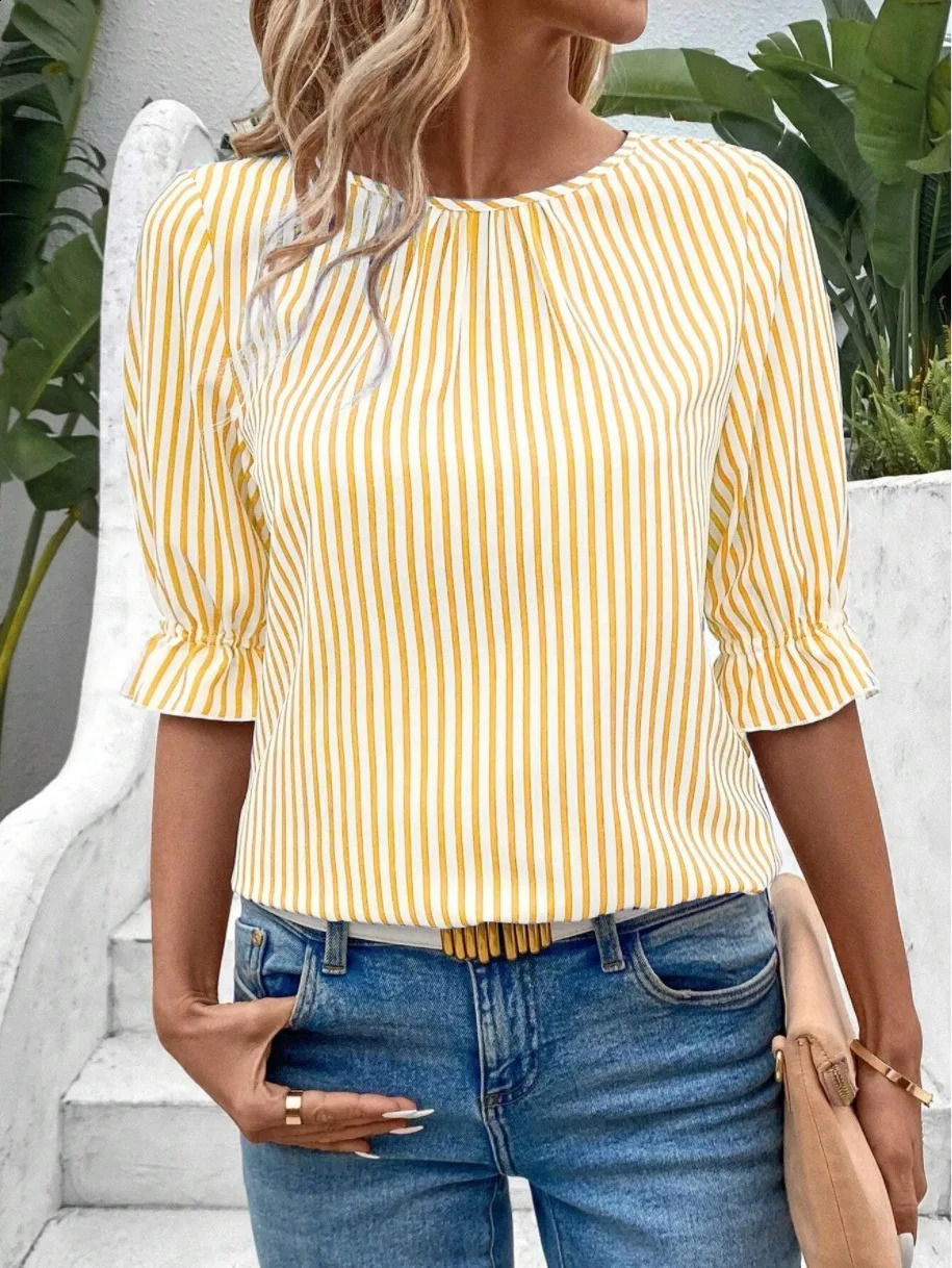 Womens Blouses Summer Fashion Blue Striped Button Folds O Neck Short Sleeve Pullover Tops Elegant Casual Shirts For Women 260228