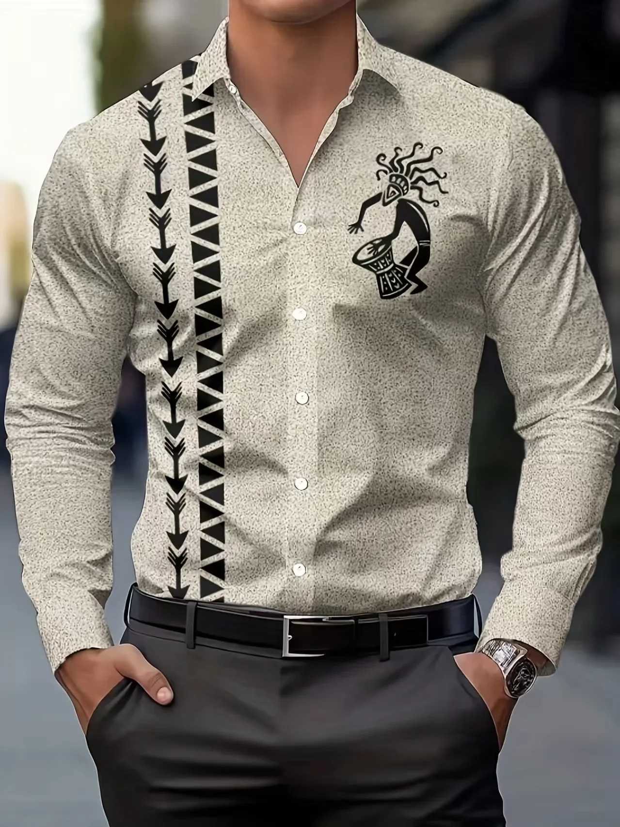 Ethnic Style Pattern Hawaiian Ethnic Wind Pattern Mens Shirt Mens Long Sleeve Simple Business Shirt Flower Comfortable Flap M260305