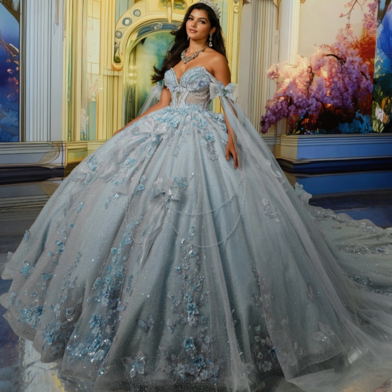 Pink Shiny Quinceanera Dresses Ball Gown Off The Shoulder Applique Flower Beading Crystal Bow Tull Corset Party Birthday Sweet 16 Dress Vestidos 15 De