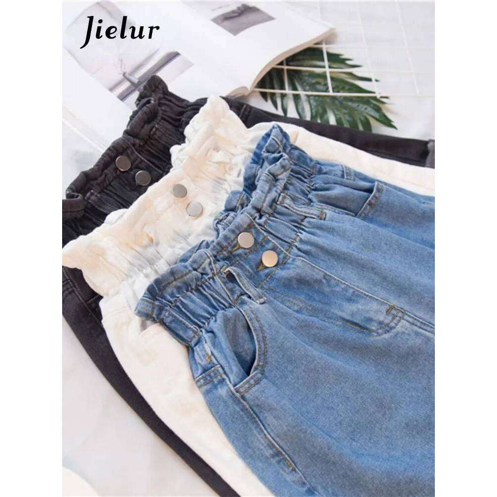 Jielur Summer Black Denim Women S-5XL Harem Ruffled White Blue High Waisted Shorts Female Elastic Short Jeans XJ260305