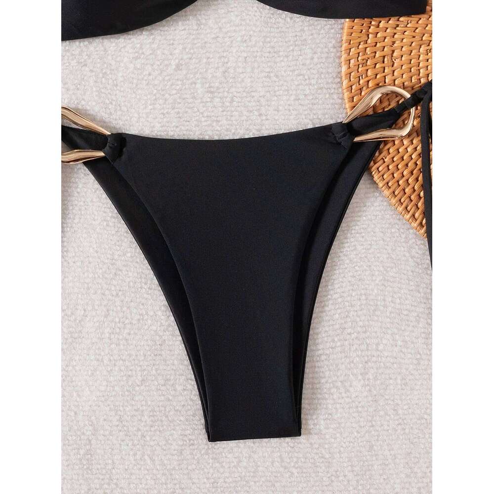 Sexy Bandeau Bikini 2025 Women Black Metal Buckle Push Up Bandage Thong Swimsuit Summer Bathing Suit Holiday Pool Swimwear Y260303