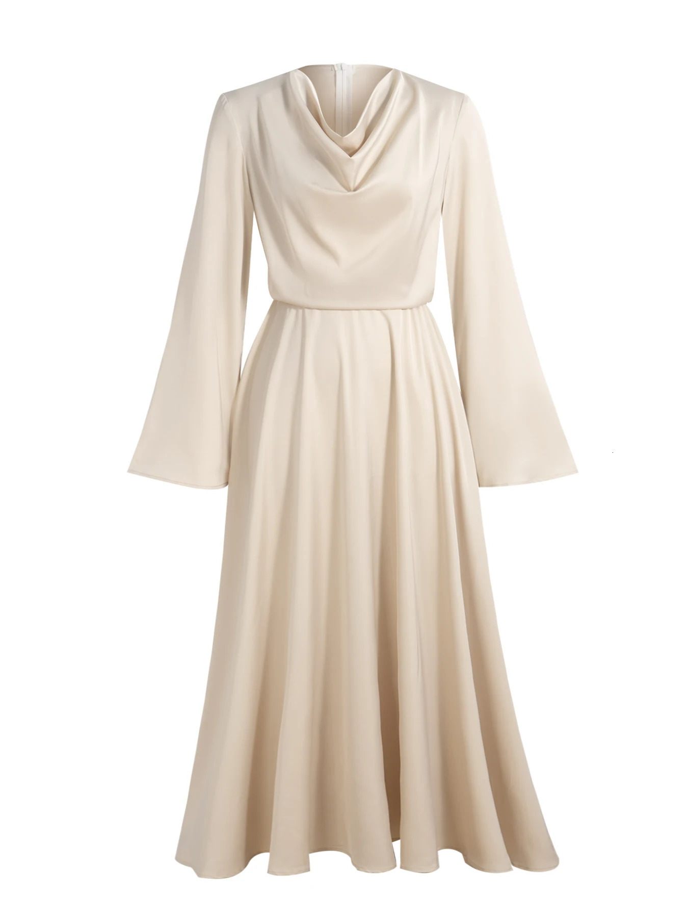 Maxi Dress Spring Summer Women Champagne Satin Cowl Neck Flared Sleeve Belted Elegant Luxurious Party Wedding Evening 260302