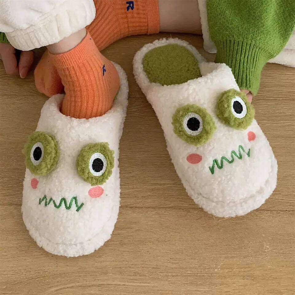 Faux Fur Slippers Cute Cartoon Frog Home Slipper Women Men Winter Warm Shoes Soft Plush Lovers Indoor House Floor Slides