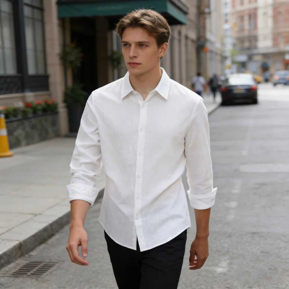 100 Linen Cotton Shirt Men Casual Fashion Male CloTHing Tops BlaCK White Shirts Business Long Sleeve Shirt Men M260305