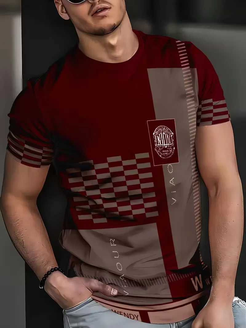 Mens Summer Plaid Striped T-Shirt Beige Gray Color Block Slim Fit Casual Crew Neck Tee for Daily Wear M260305