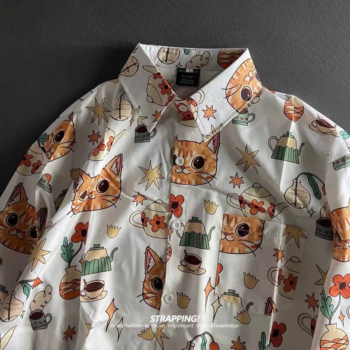 Boho Graffiti Cartoon Cat Full Print Ins Retro Short-sleeved Flower Lining Men and Women Hawaii Japanese Thai Beach Shirts 2024 M260305