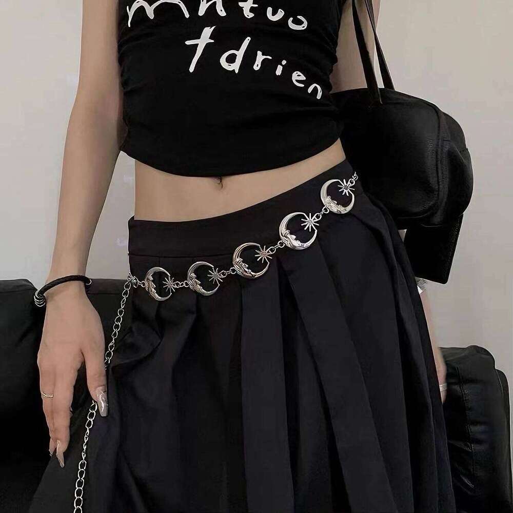 Vintage Punk Metal Chain Waist Belt for Women Sun Moon Butterfly Gothic Hip Hop Dress Jeans Waistband Long Fashion Accessory S260304