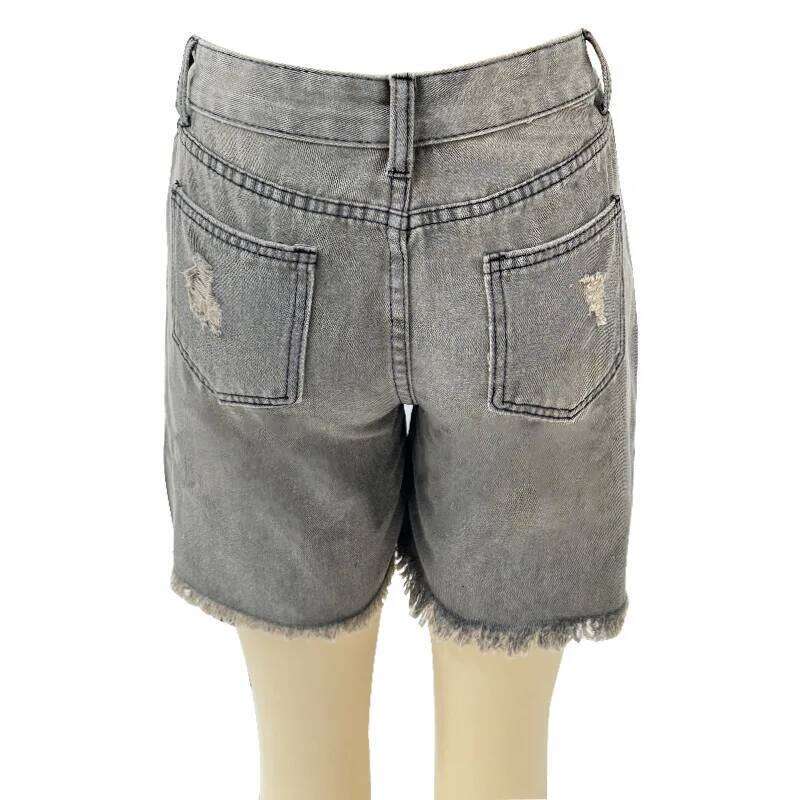 Denim Shorts Women Vintage Jeans Midi Waist Washed Distressed Pockets Short Pant Solid Spliced Casual Sporty 2025 Summer XJ260305