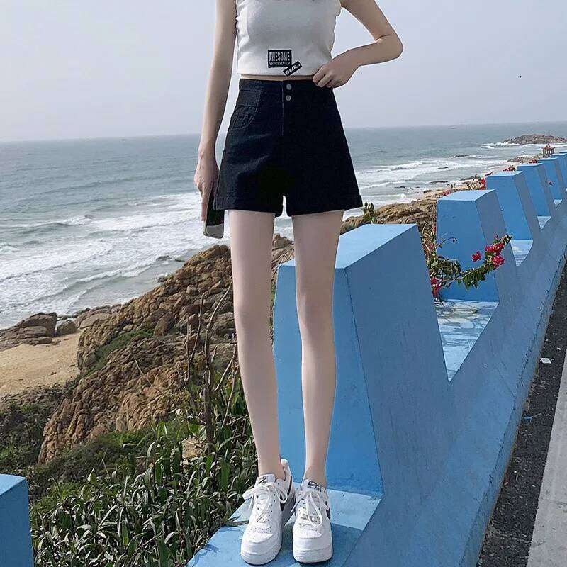 High Waist Denim Women Shorts Jean Spliced Loose Fit Pockets Washed Zipper Fly Solid Buttons Casual 2025 Distressed XJ260305