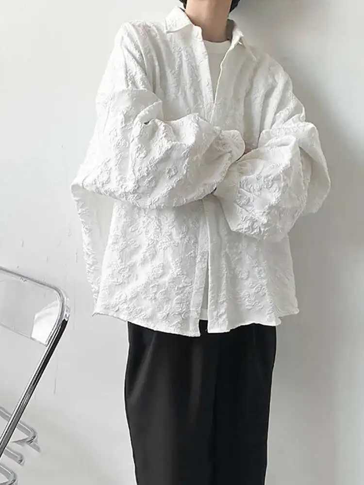 2XL White New Crumpled Jacquard Shirt Loose Fashion Solid Color Casual Turn-down Collar Top New All-match Bat Wing Sleeve P7W M260305